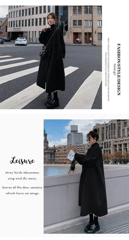 2023 Winter New Women's Loose-fit Woolen Jacket Medium-length Thickened Suit Collar Overcoat Korean Style Casual Clothing Kafinashop