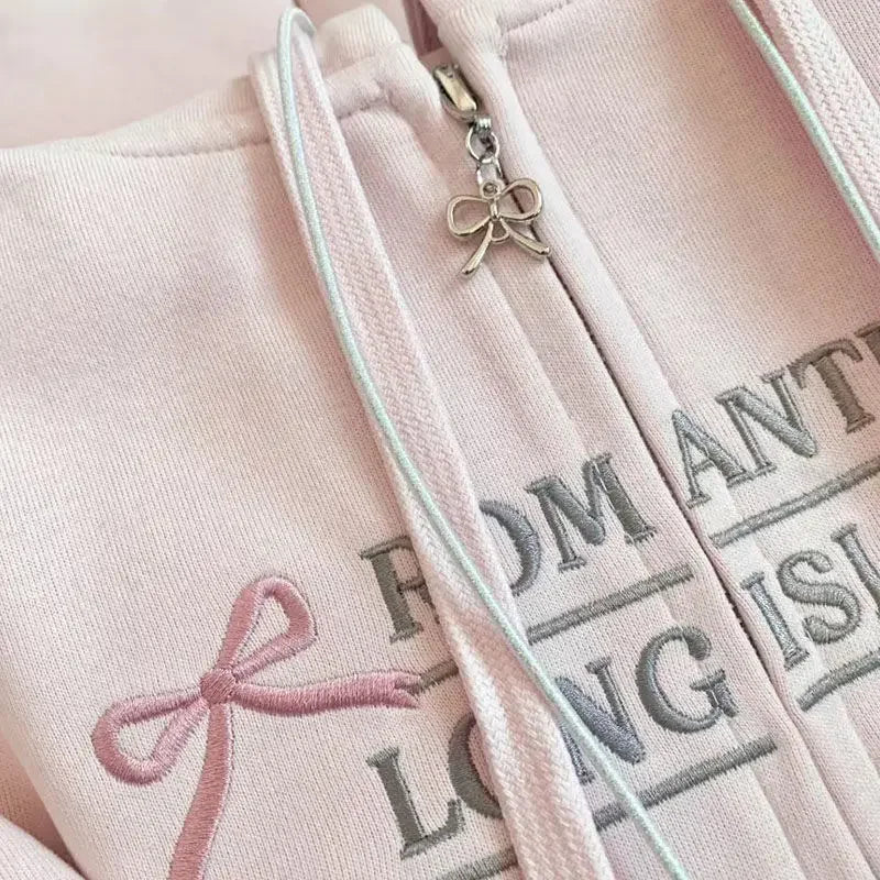 Korean Girl Sleeve Bow Design Sense Spring Loose Hooded Zipper Cardigan Sweater Lantern Sleeve Coat Embroidered Pink Bow Coat. Kafinashop