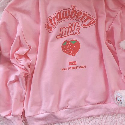 S-3XL Harajuku Kawaii Sweatshirt Strawberry Pink Sweatshirts Spring Kpop Korean Style Fleece Women Cute Top Outwear for Girls Kafinashop