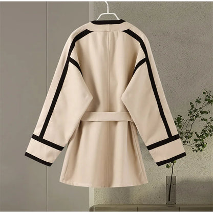 Striped Women's Woolen Coat Contrast Color Belts Long Sleeve Pocket Casual 2024 Autumn Office Coats Chic Street Jacket Outerwear Kafinashop