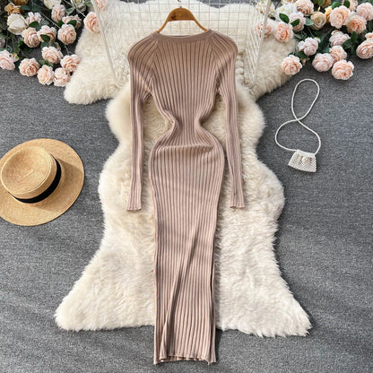 SINGREINY Winter Women Knit Maxi Dress O Neck Autumn Long Sleeve Slim Solid Harajuku Ladies Fashion Pencil Sweater Long Dresses Kafinashop