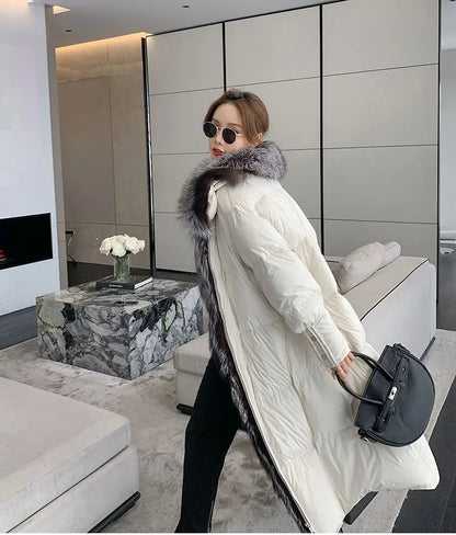 2024 New Winter Women Warm Coat 90% Goose Down Jacket Long Real Fox Fur Collar Thick Luxury Outerwear Female Coat Streetwear Kafinashop