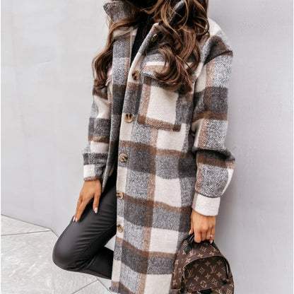 2024 Autumn Winter Women's Clothing Long Sleeve Single Breasted Trench Coat Fashion Long Woolen Plaid Overcoat Coat Kafinashop