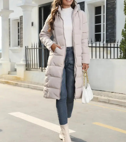 Winter New Hooded Mid Length Slim Fit Warm Long Sleeve Solid Color Down Jacket For Women,3 Colors Kafinashop