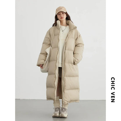 CHIC VEN Fashion Women Down Coats Long Thick Warm Down Jackets Overcoat White Duck Down Loose Casual Jacket Autumn Winter 2024 Kafinashop