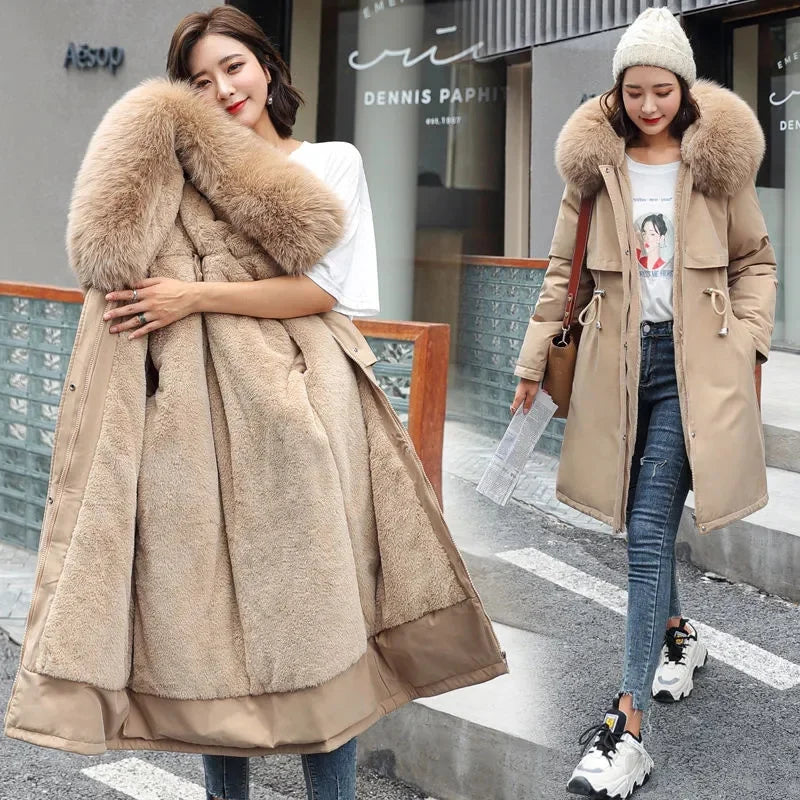 Winter Jacket 2023 New Women Parka Clothes Long Coat Wool Liner Hooded Jacket Fur Collar Thick Warm Snow Wear Padded Parka 6XL Kafinashop