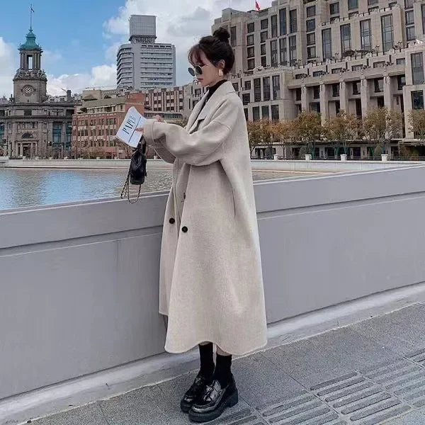 2023 Winter New Women's Loose-fit Woolen Jacket Medium-length Thickened Suit Collar Overcoat Korean Style Casual Clothing Kafinashop