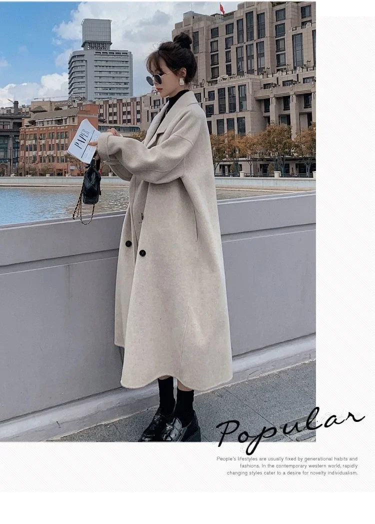 2023 Winter New Women's Loose-fit Woolen Jacket Medium-length Thickened Suit Collar Overcoat Korean Style Casual Clothing Kafinashop