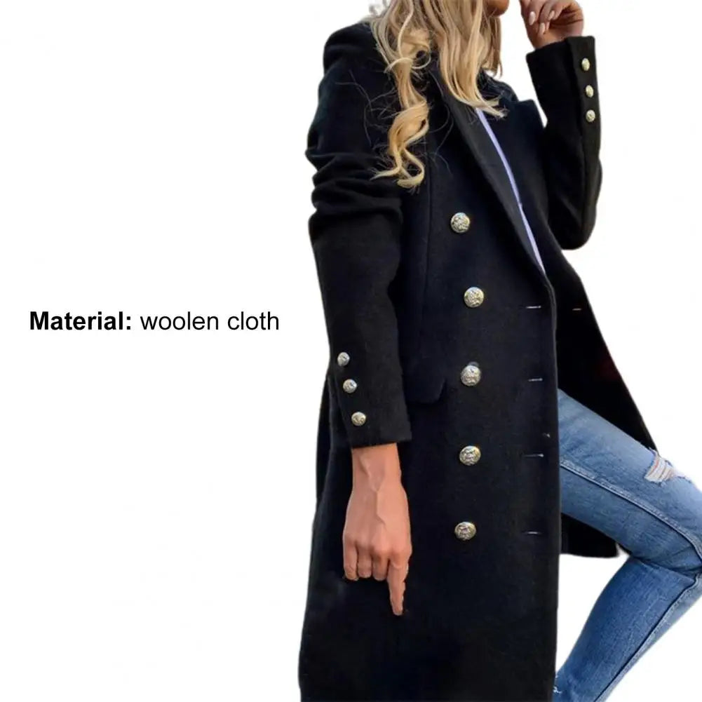 Women Wool Coat Autumn Winter Long Sleeve Pure Color Turn-Down Collar Double-breasted Women Overcoat Women Greatcoat Outerwear Kafinashop