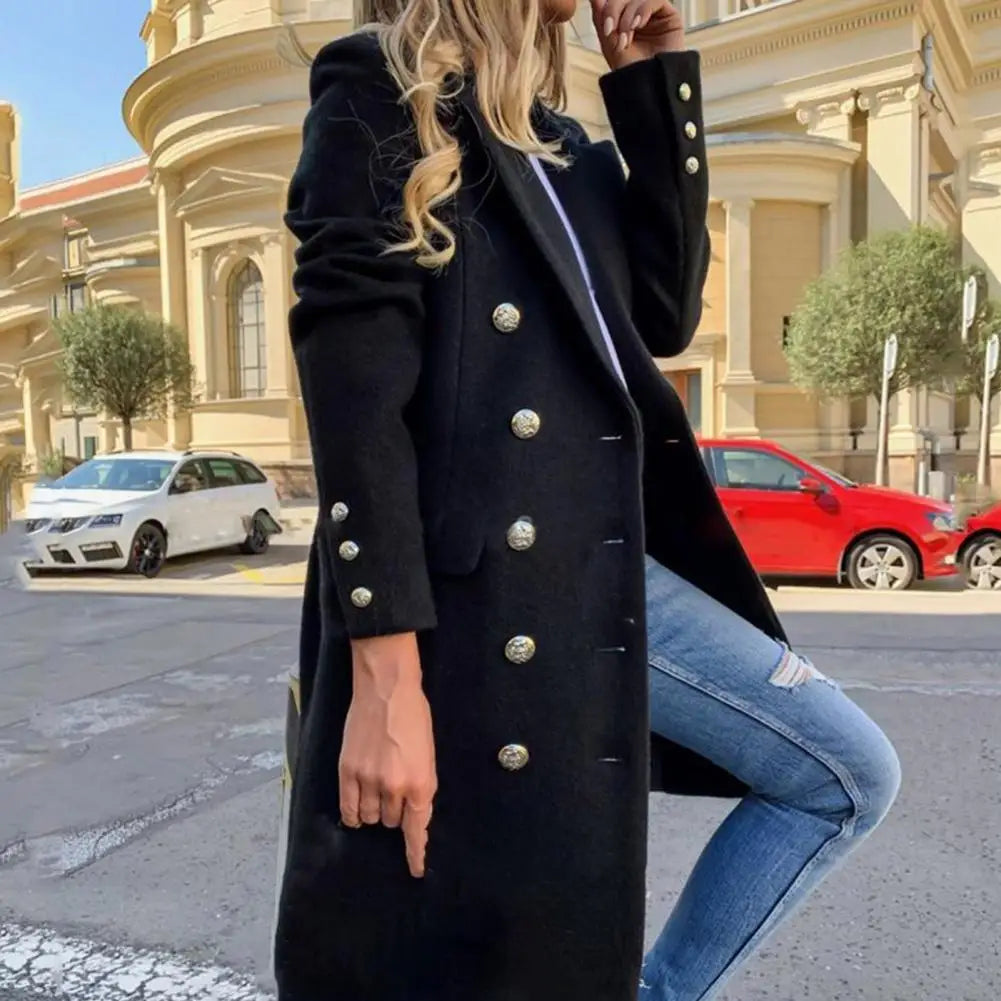 Women Wool Coat Autumn Winter Long Sleeve Pure Color Turn-Down Collar Double-breasted Women Overcoat Women Greatcoat Outerwear Kafinashop