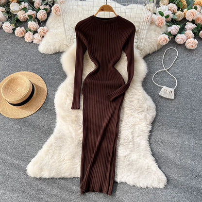 SINGREINY Winter Women Knit Maxi Dress O Neck Autumn Long Sleeve Slim Solid Harajuku Ladies Fashion Pencil Sweater Long Dresses Kafinashop