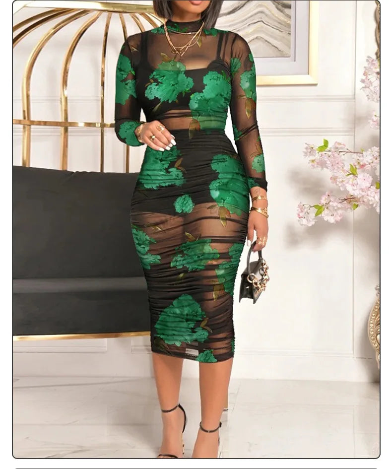 Fashion Flowers Printed Women's Sexy Mesh Gauze Mid Length Dress Three Piece Summer New Female Party Nightclub Mini Dresses 2023 Kafinashop