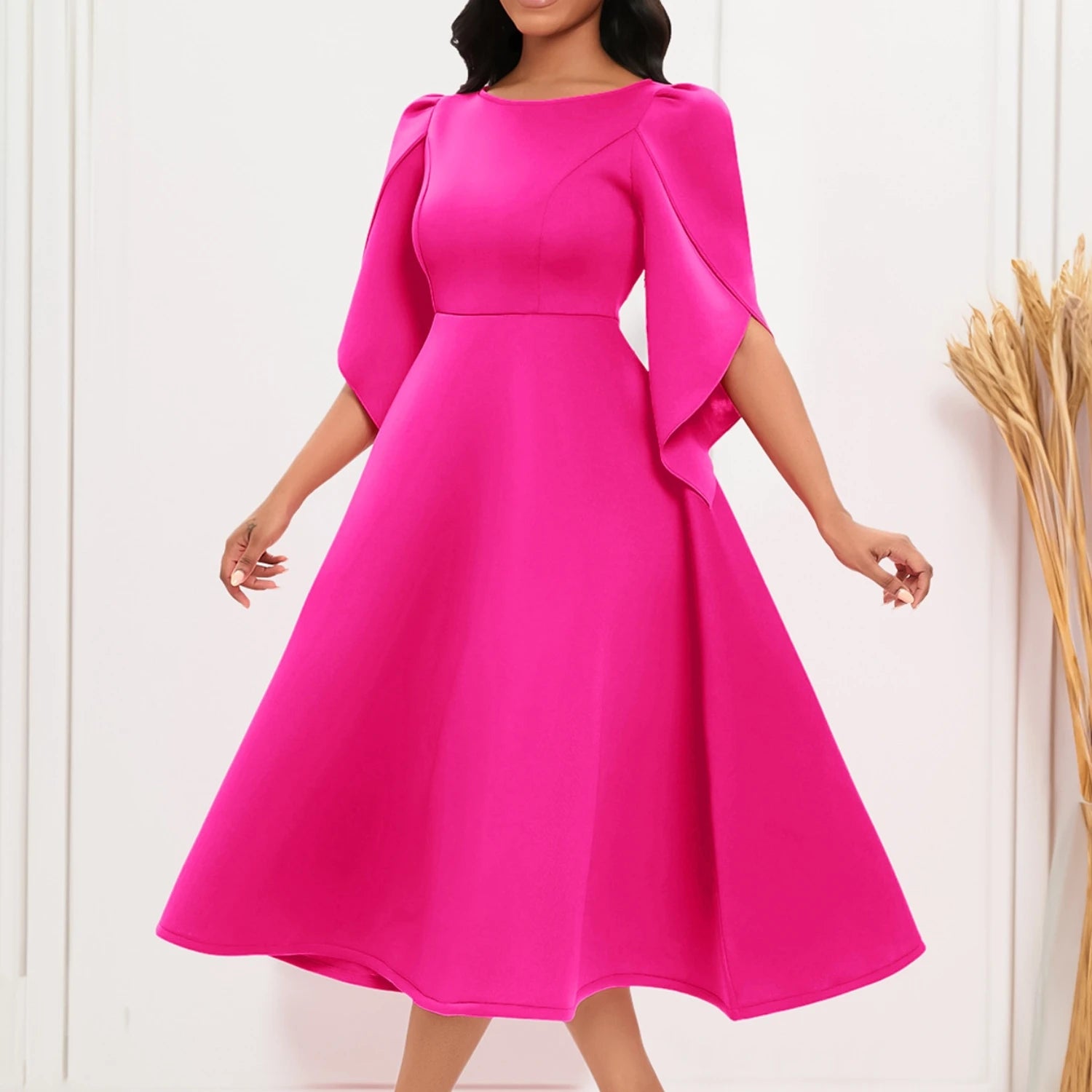 Women's Dress Elegant Party Dresses Summer Solid Color Round Neck Silm Evening Dress Female Large Swing Medium Length Dress Kafinashop