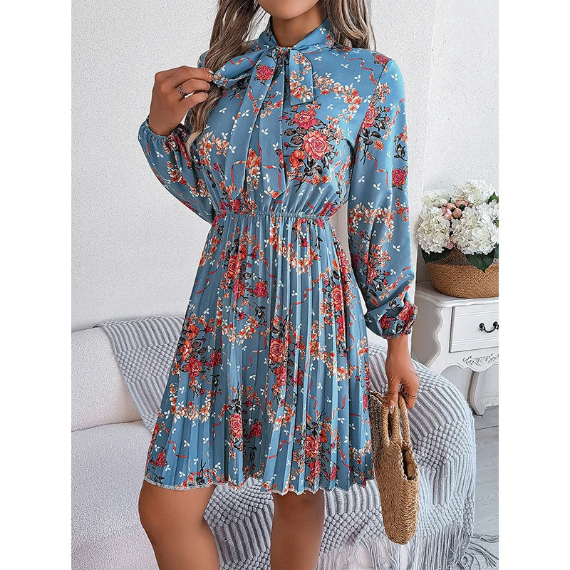 Krisnanas Autumn Women Dresses 2024 New Long Sleeves Loose Elasticity Flower Print Pleated Tied Round-Neck Mini Dresses Kafinashop