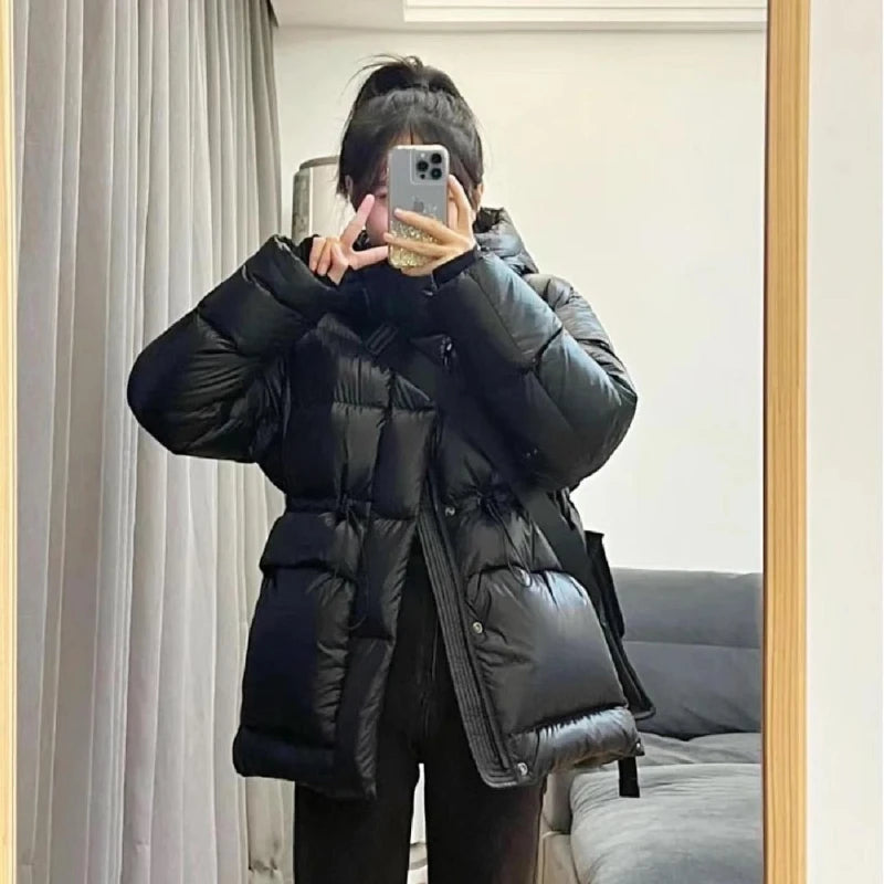 Winter Warm Women's Jackets Women's Down Jacket Waisted Hooded Warm Design 2024 New High-end Black Gold Glossy Down Jacket Kafinashop