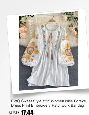 EWQ Sweet Style Y2K Women Nice Foreve Dress Embroidery O-neck Bandage Long-sleeve White Dresses Womens Spring Summer 2023 New Kafinashop