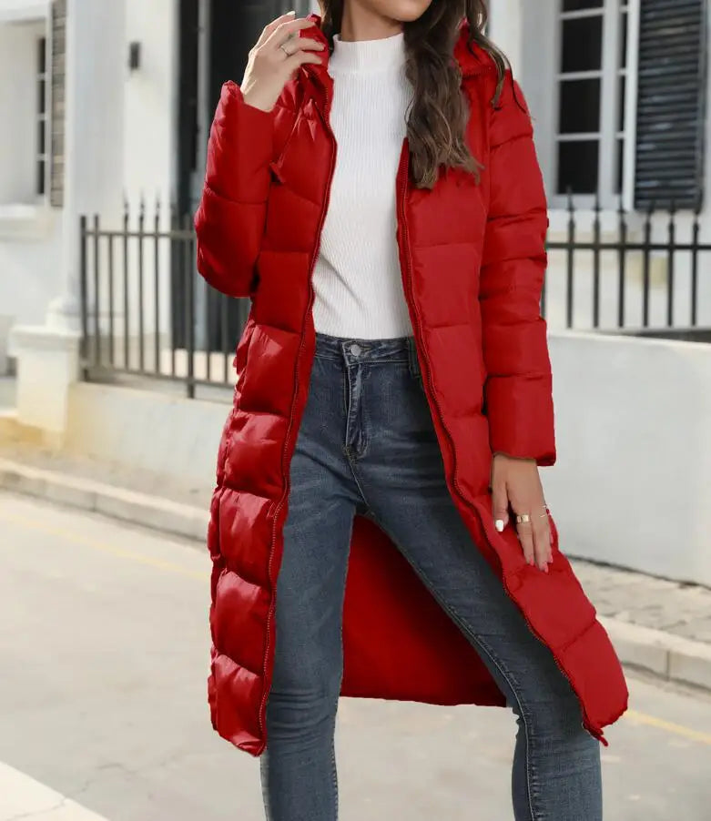 Winter New Hooded Mid Length Slim Fit Warm Long Sleeve Solid Color Down Jacket For Women,3 Colors Kafinashop