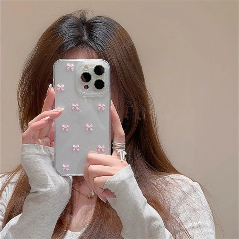 Cute Pink Bowknot Phone Case For iPhone 15 14 13 12 11 Pro Max X XS Max MiNi 7 8 Plus Korea Girl Soft Cover Epoxy Glitter Shell Kafinashop