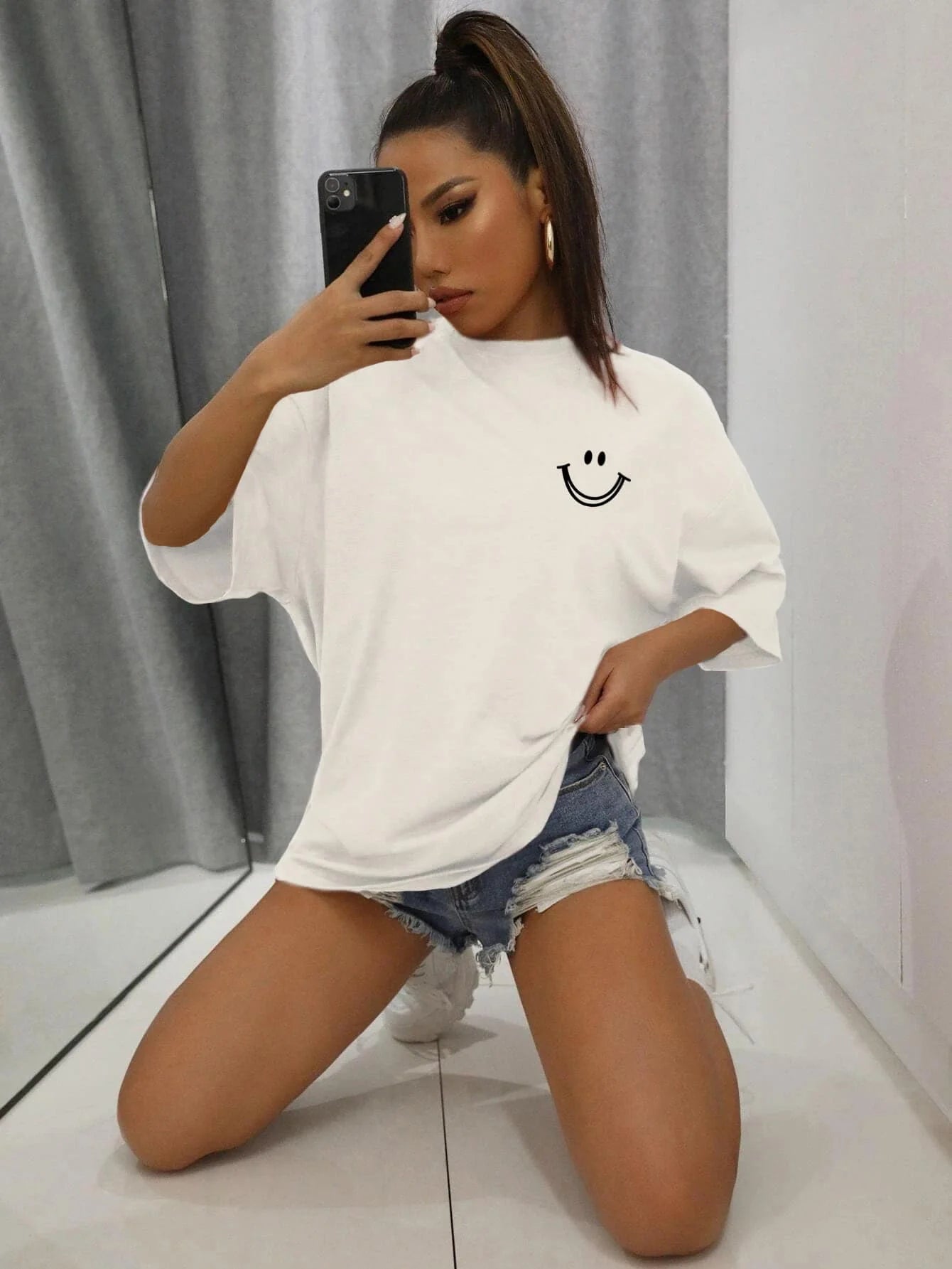 Happy Expression Printed Womens Cotton Short Sleeve Street Hip Hop Tee Clothing All-math Breathable Tops Crewneck Woman T-Shirts Kafinashop