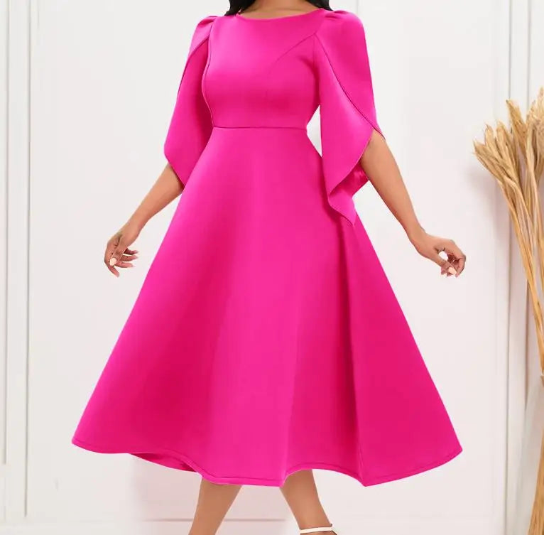 Women's Dress Elegant Party Dresses Summer Solid Color Round Neck Silm Evening Dress Female Large Swing Medium Length Dress Kafinashop