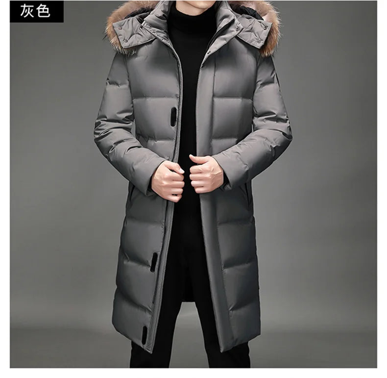 Luxury Long Down Jacket Men's Winter Korean Style Detachable Fur Collar Cap White Duck Down Warm Coat Brand Lightweight Parka Kafinashop