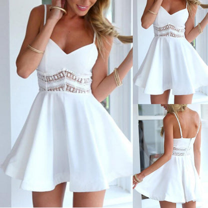 Women Summer Dress Solid Color Crochet Spaghetti Strap V-Neck Backless Tied Braces Short Dress for Girls White Kafinashop