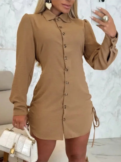 Elegant Women's White Black Casual Shirt Dress Spring Autumn Turn-down Collar Button Long Sleeved Drawstring Slim Shirts Dresses Kafinashop