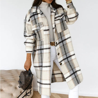 2024 Autumn Winter Women's Clothing Long Sleeve Single Breasted Trench Coat Fashion Long Woolen Plaid Overcoat Coat Kafinashop