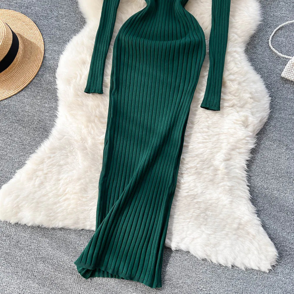 SINGREINY Winter Women Knit Maxi Dress O Neck Autumn Long Sleeve Slim Solid Harajuku Ladies Fashion Pencil Sweater Long Dresses Kafinashop