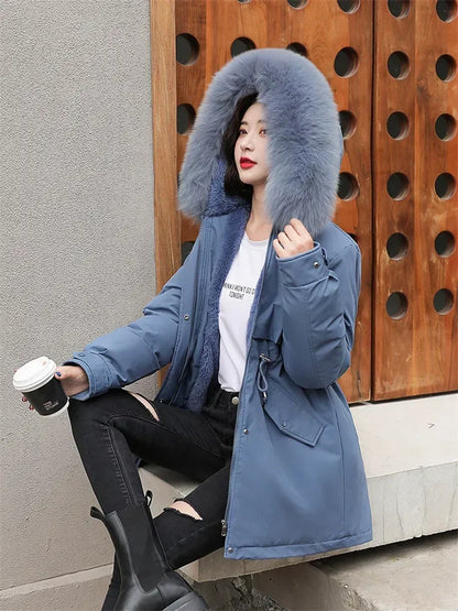 Winter Coat Low Price On Sale Women Beige Add Wool Thick Warmth Fur Hooded Parkas Jacket 2023 New Fashion Belt Slim Cotton Coat Kafinashop