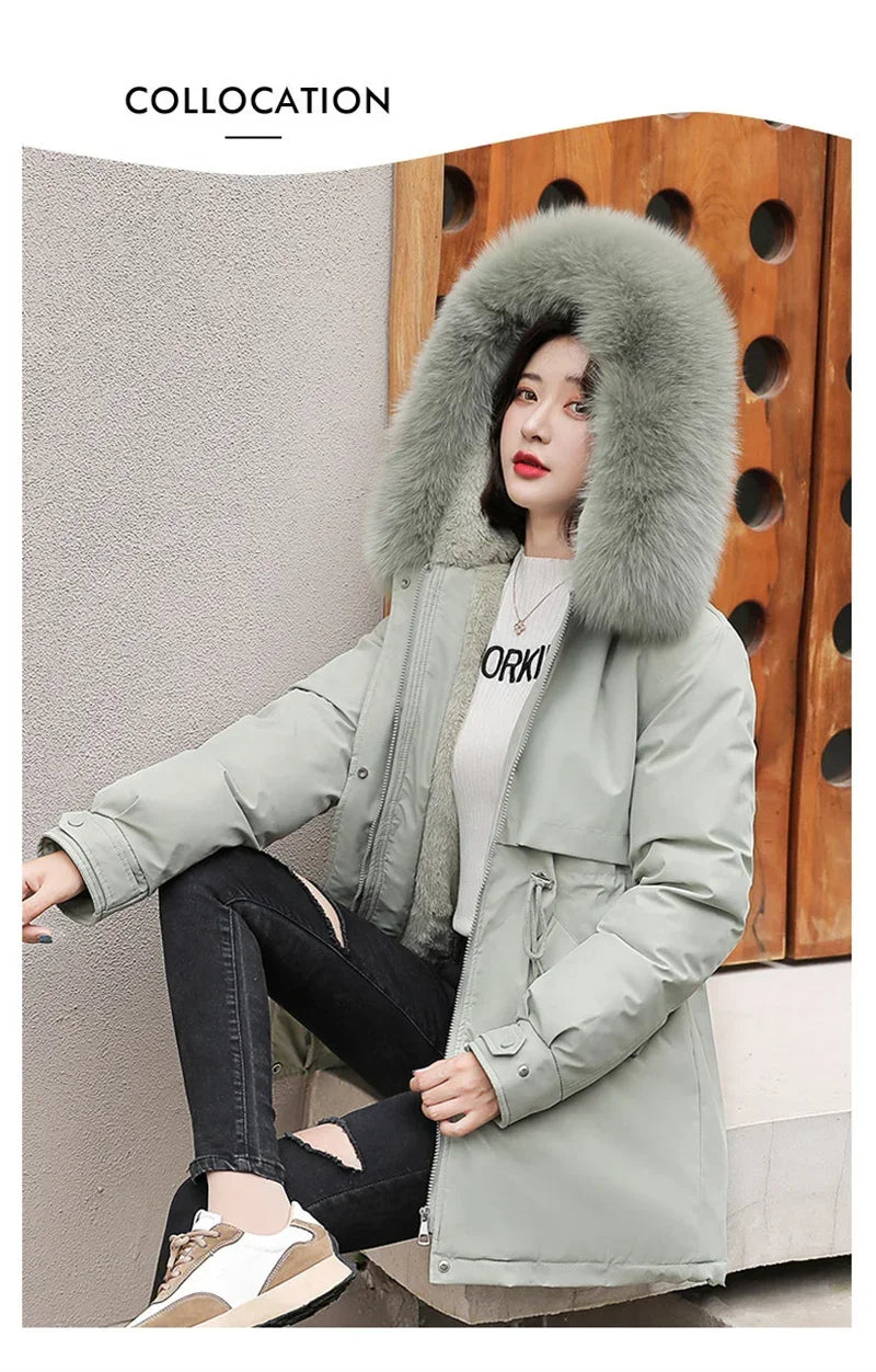 Winter Coat Low Price On Sale Women Beige Add Wool Thick Warmth Fur Hooded Parkas Jacket 2023 New Fashion Belt Slim Cotton Coat Kafinashop