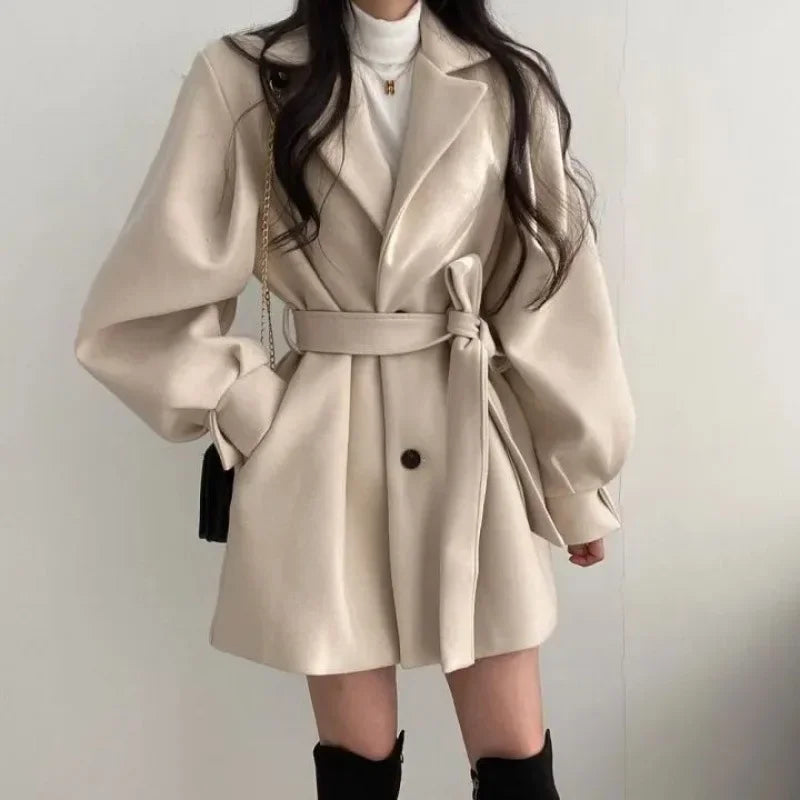 Medium-length Women's Woolen Jacket Loose-fit Autumn/winter Suit Collar Petite Size Kafinashop