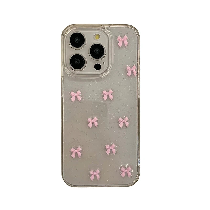 Cute Pink Bowknot Phone Case For iPhone 15 14 13 12 11 Pro Max X XS Max MiNi 7 8 Plus Korea Girl Soft Cover Epoxy Glitter Shell Kafinashop