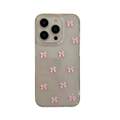 Cute Pink Bowknot Phone Case For iPhone 15 14 13 12 11 Pro Max X XS Max MiNi 7 8 Plus Korea Girl Soft Cover Epoxy Glitter Shell Kafinashop