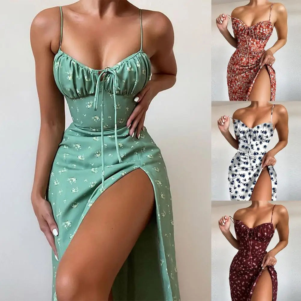 2024 New Summer Women's Sexy Slim Fit Sleeveless High Waist Fashion Floral Fold Lace Up Split Hanging Strap Floral Print Dress Kafinashop