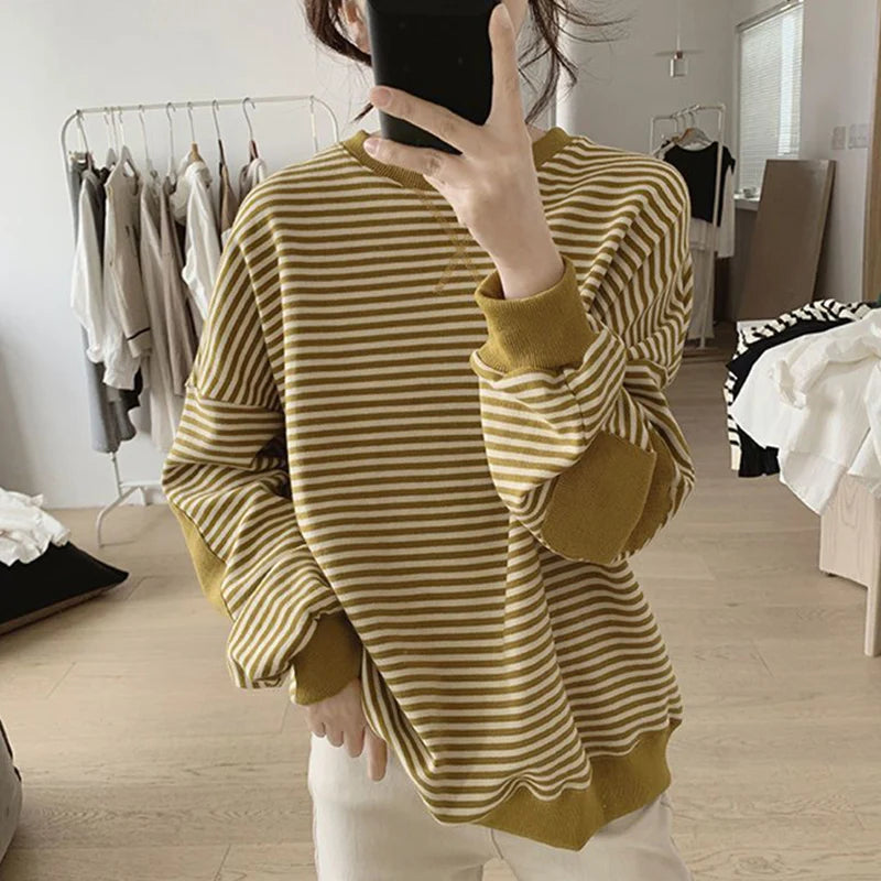 Spring Autumn New Round Neck Striped Simple Sweatshirt Ladies Long Sleeve Loose Casual Fashion Top Women Pullover Female Clothes Kafinashop