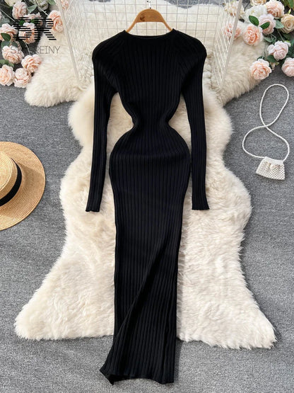 SINGREINY Winter Women Knit Maxi Dress O Neck Autumn Long Sleeve Slim Solid Harajuku Ladies Fashion Pencil Sweater Long Dresses Kafinashop