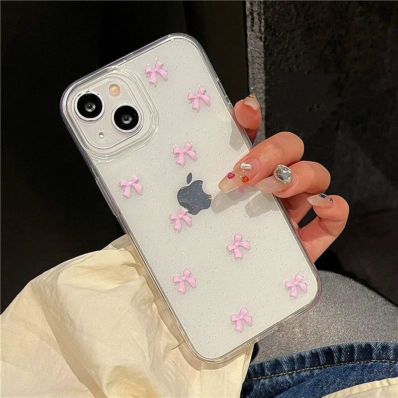 Cute Pink Bowknot Phone Case For iPhone 15 14 13 12 11 Pro Max X XS Max MiNi 7 8 Plus Korea Girl Soft Cover Epoxy Glitter Shell Kafinashop