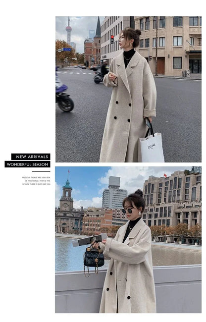 2023 Winter New Women's Loose-fit Woolen Jacket Medium-length Thickened Suit Collar Overcoat Korean Style Casual Clothing Kafinashop