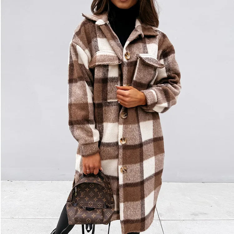 2024 Autumn Winter Women's Clothing Long Sleeve Single Breasted Trench Coat Fashion Long Woolen Plaid Overcoat Coat Kafinashop