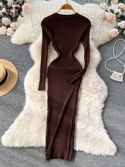 SINGREINY Winter Women Knit Maxi Dress O Neck Autumn Long Sleeve Slim Solid Harajuku Ladies Fashion Pencil Sweater Long Dresses Kafinashop