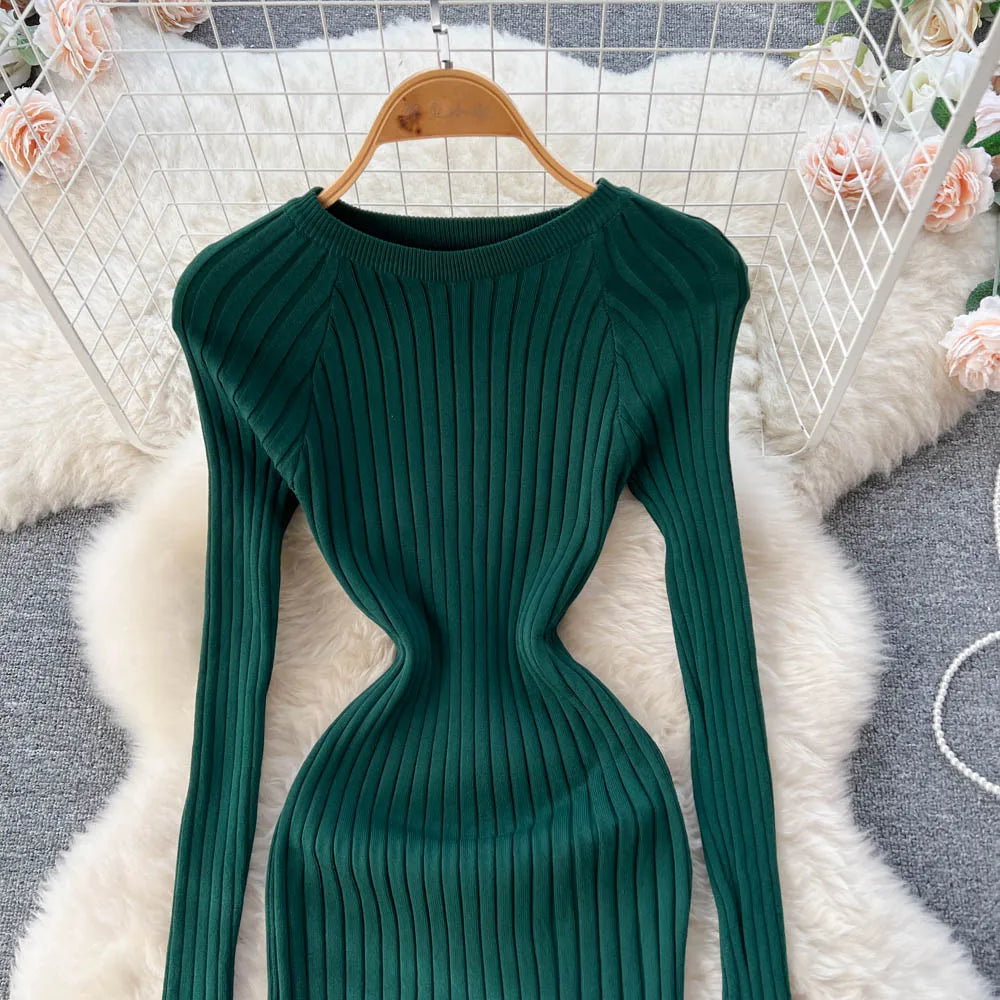 SINGREINY Winter Women Knit Maxi Dress O Neck Autumn Long Sleeve Slim Solid Harajuku Ladies Fashion Pencil Sweater Long Dresses Kafinashop