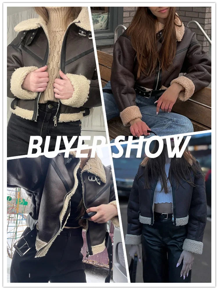 Ailegogo Winter Women Streetwear Faux Lamb Leather Fur Short Jacket with Belt Moto Biker Thick Warm Sheepskin Coat Outwear Kafinashop