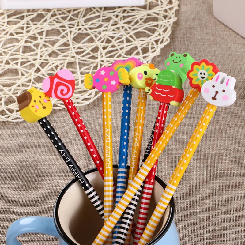 12 Pcs Wholesale Cute Cartoon Pencil with Rubber Kindergarten Prize Gift Brush Creative Stationery Student Sketch Drawing Pencil Ma boutique