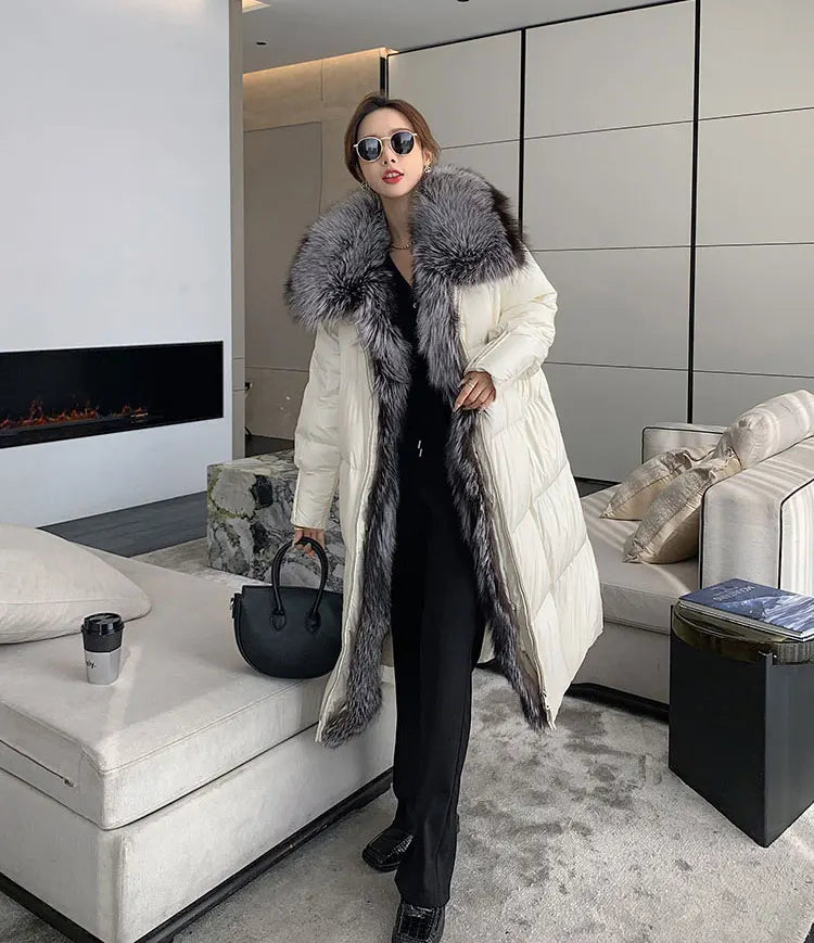 2024 New Winter Women Warm Coat 90% Goose Down Jacket Long Real Fox Fur Collar Thick Luxury Outerwear Female Coat Streetwear Kafinashop