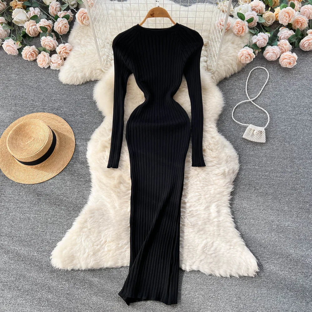 SINGREINY Winter Women Knit Maxi Dress O Neck Autumn Long Sleeve Slim Solid Harajuku Ladies Fashion Pencil Sweater Long Dresses Kafinashop