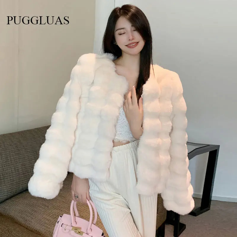 2023 Winter Fashion Faux Fur Coat Women Korea Fashion Warm Feather Coats Cardigan Short Outercoat Lady Party Elegant Outfits New Kafinashop