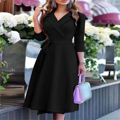 New Womens Dress Clothing Printing Suit Collar Tie Dress Kafinashop