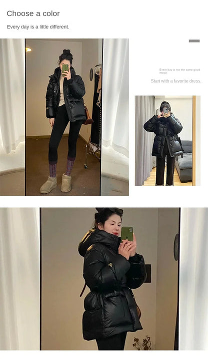 Winter Warm Women's Jackets Women's Down Jacket Waisted Hooded Warm Design 2024 New High-end Black Gold Glossy Down Jacket Kafinashop