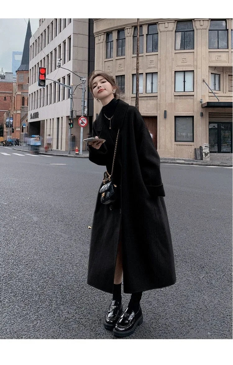 2023 Winter New Women's Loose-fit Woolen Jacket Medium-length Thickened Suit Collar Overcoat Korean Style Casual Clothing Kafinashop